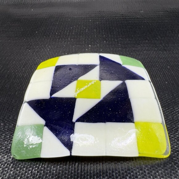 Hand Made Geometric Square Fused Glass Dish Plate Artist Signed Multicolored VTG - Picture 11 of 15